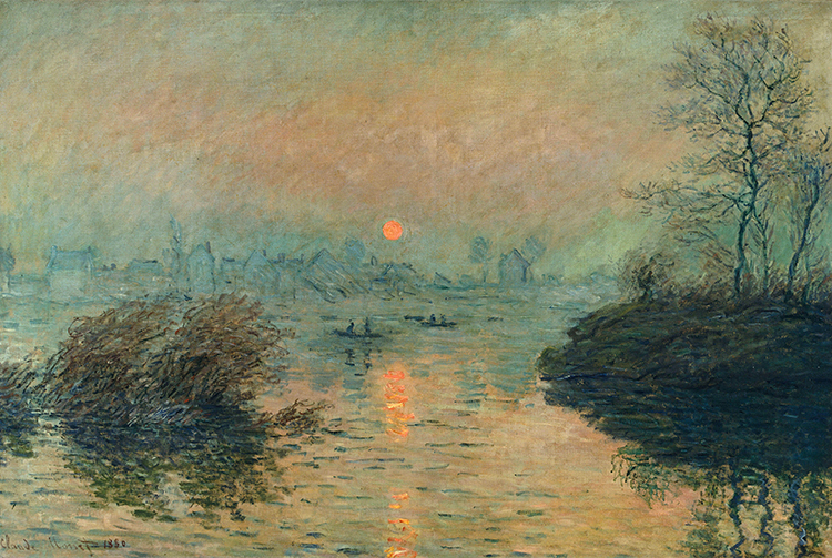 莫奈作品:  冬天日落下塞纳河上的景色 高清油画素材下载
