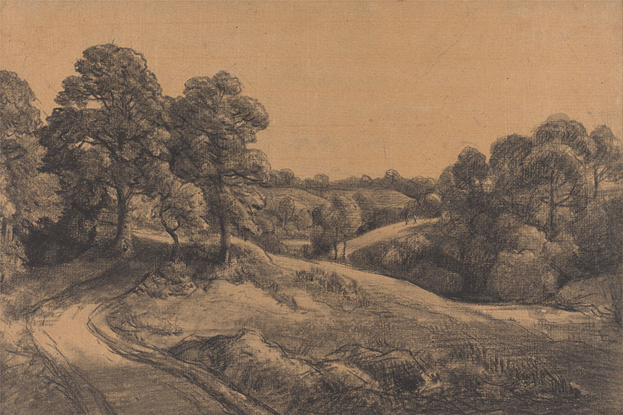 康斯太勃尔风景素描作品欣赏: 山坡上的树林