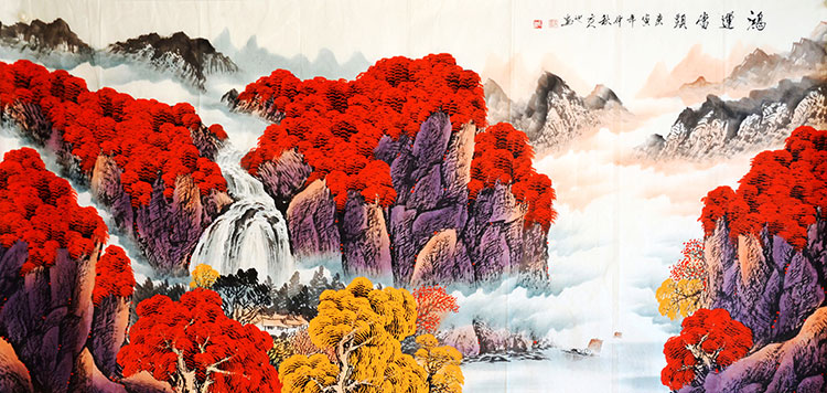 中式客厅装饰画素材下载: 横幅大气中国山水画高清大图 F