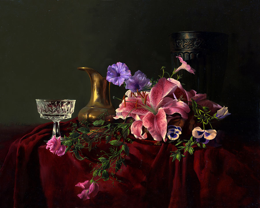 阿列克谢安东诺夫油画作品:   桌子上的金属器皿和花卉