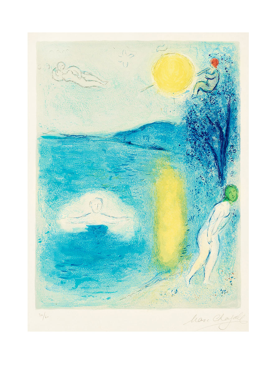 夏加尔版画作品 醉人的色彩 太阳下洗澡的人  高清图片素材