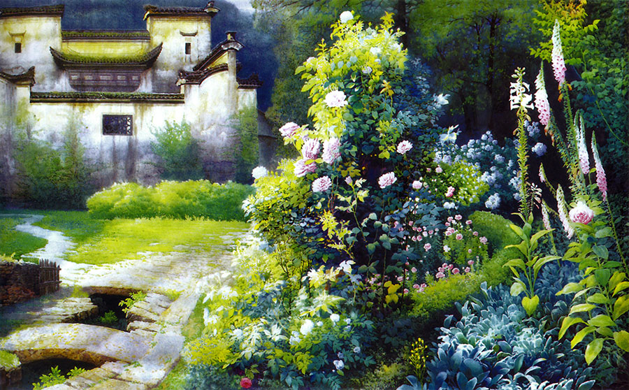 江南田园风景画  院子里盛开的花水彩画高清素材