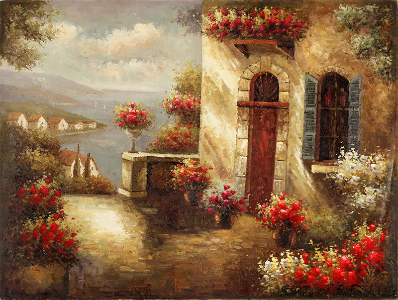 现代高清地中海风景油画大图素材下载: 有建筑的地中海油画 B