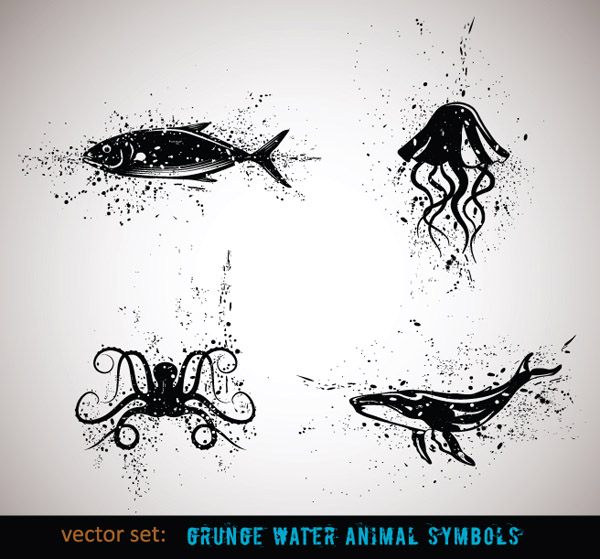 墨迹动物画 泼墨动物装饰画 黑白动物高清素材: 章鱼,乌贼,海豚