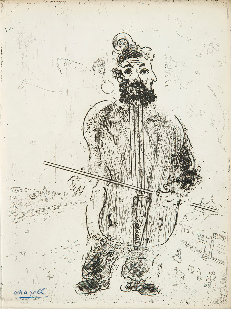 夏加尔高清素描手稿: 拉大提琴的男人  大图下载