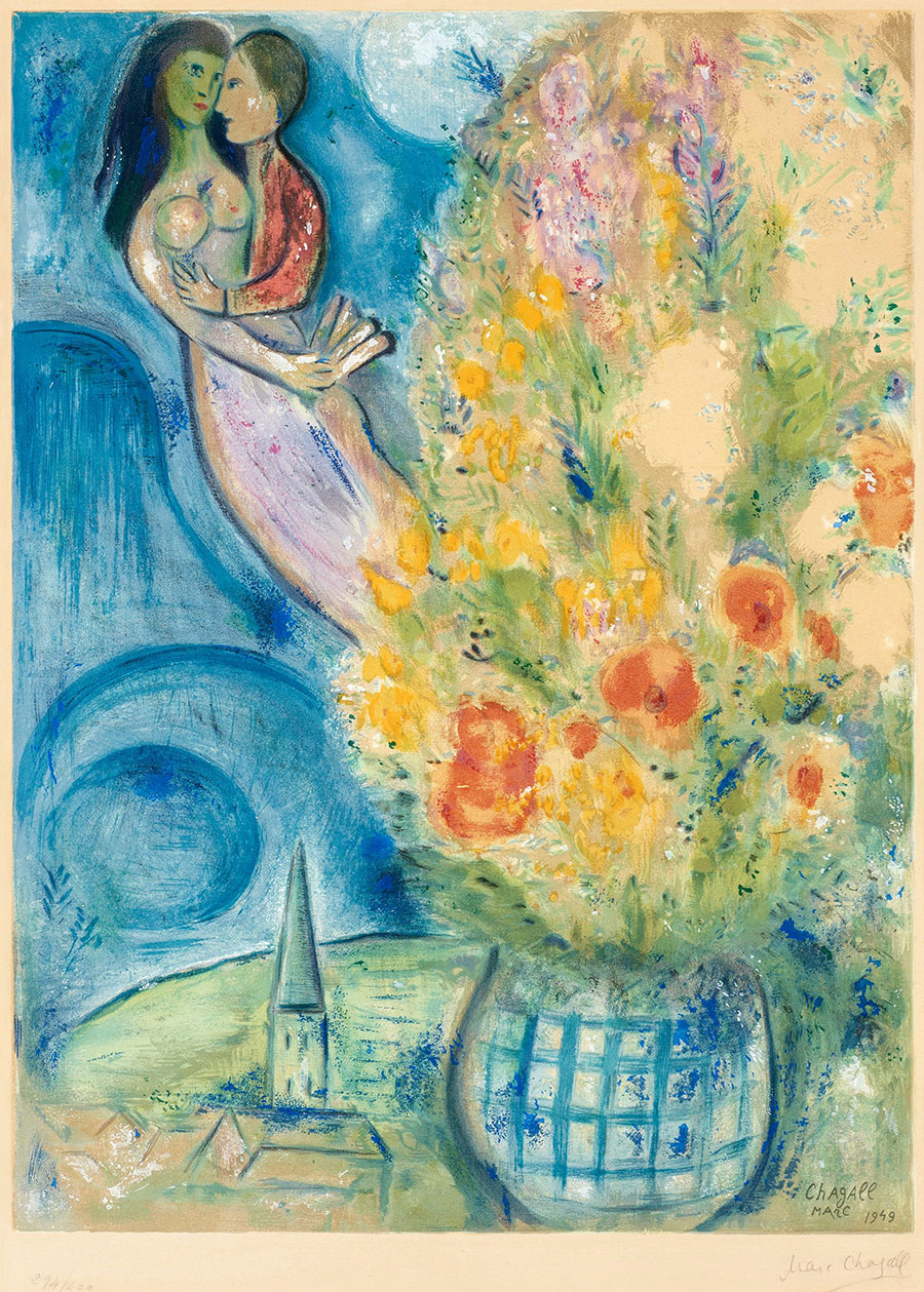 夏加尔油画作品:  花瓶边上的情侣  高清大图下载