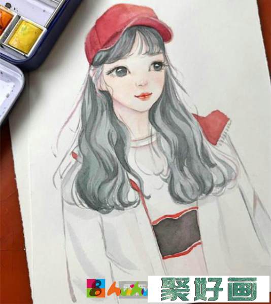 运动装女孩水彩画