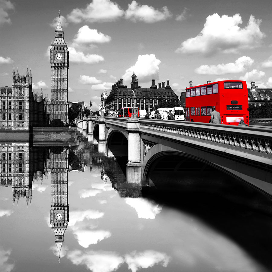 三联现代黑白建筑装饰画: 小汽车 英国伦敦桥和大本钟 