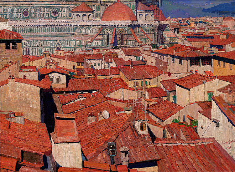 timur akhrive作品  红瓦房顶的城镇  风景油画