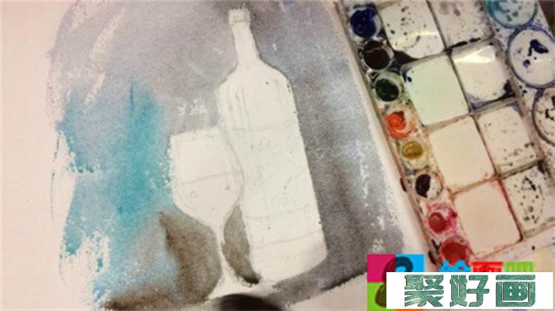 水彩画静物教程：手绘红酒杯和红酒瓶