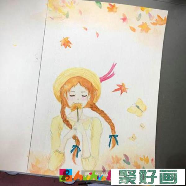 双麻花辫女孩水彩画