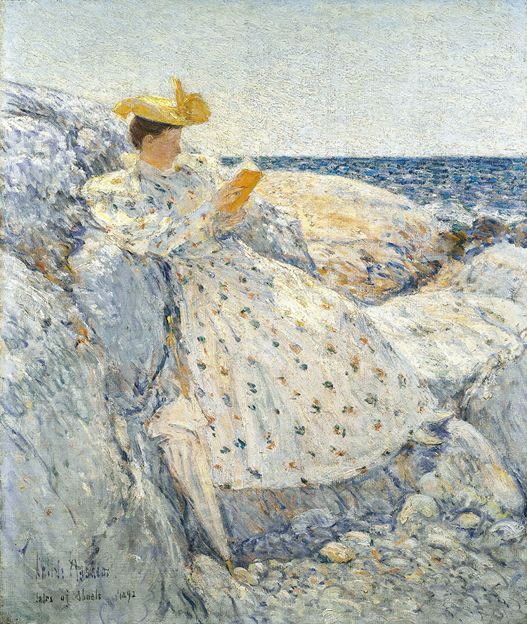 蔡尔德·哈萨姆风景画作品: 在海边看书的妇女