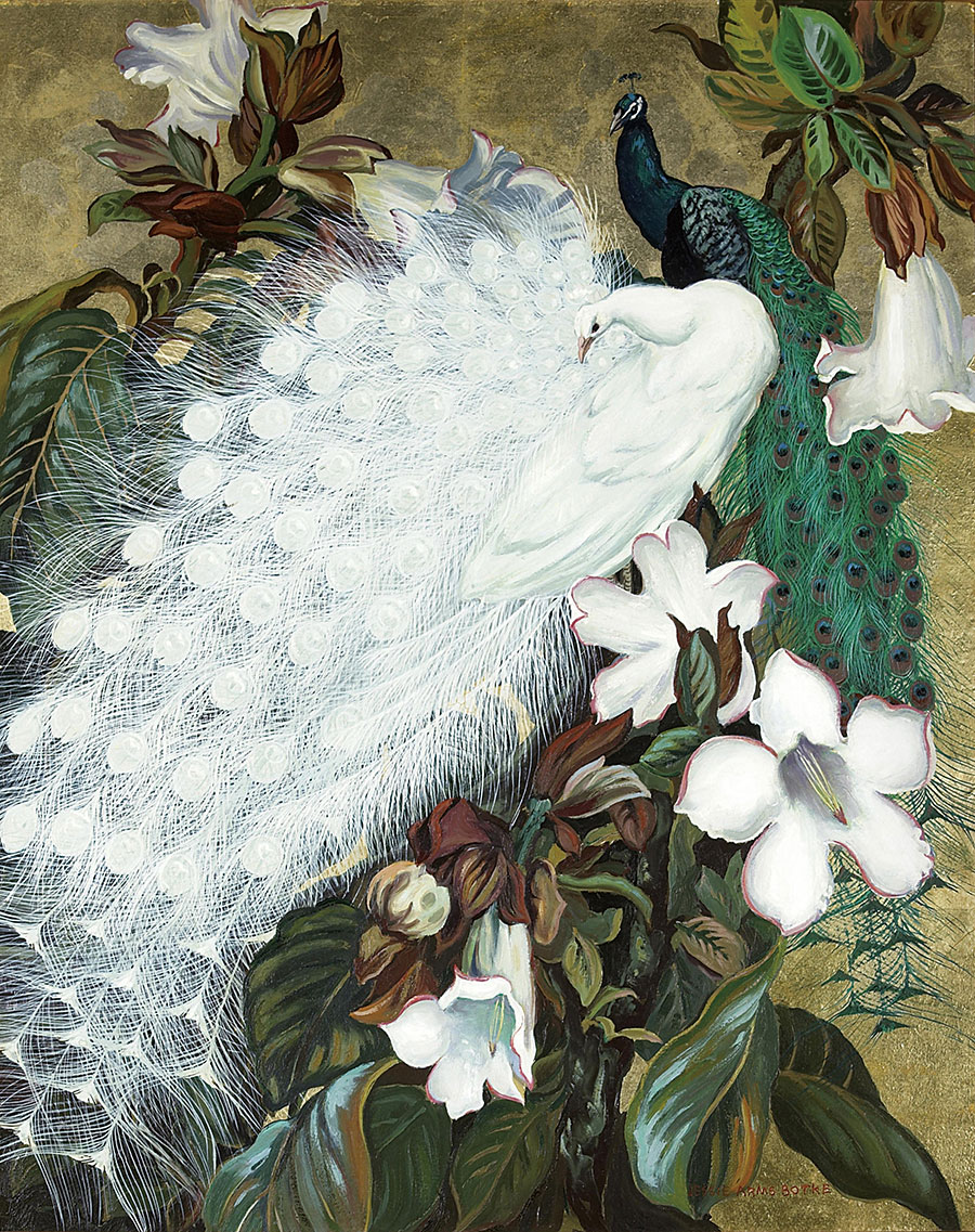 玉兰花和白孔雀油画图片下载