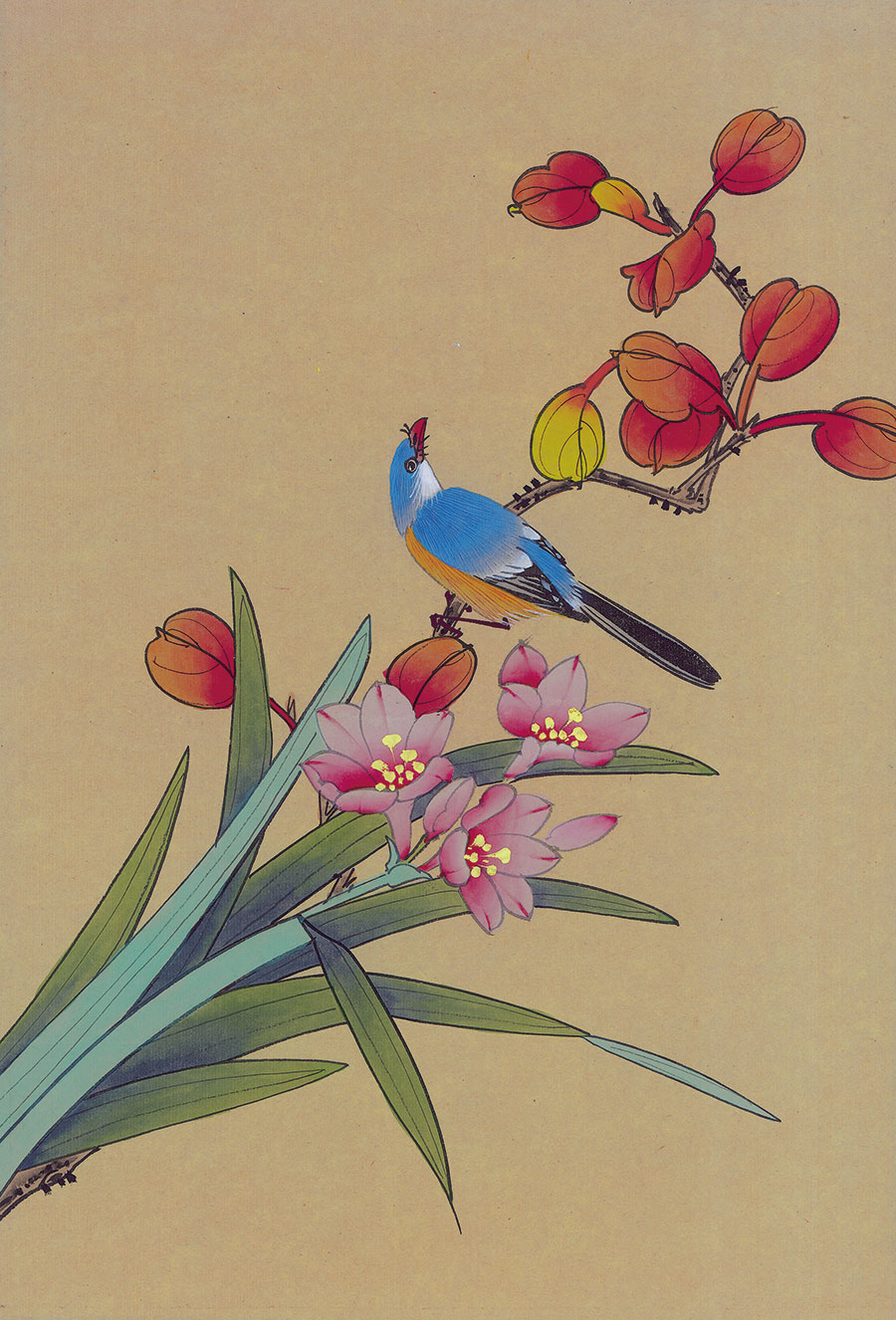 枝头小鸟国画欣赏: 兰花与小鸟