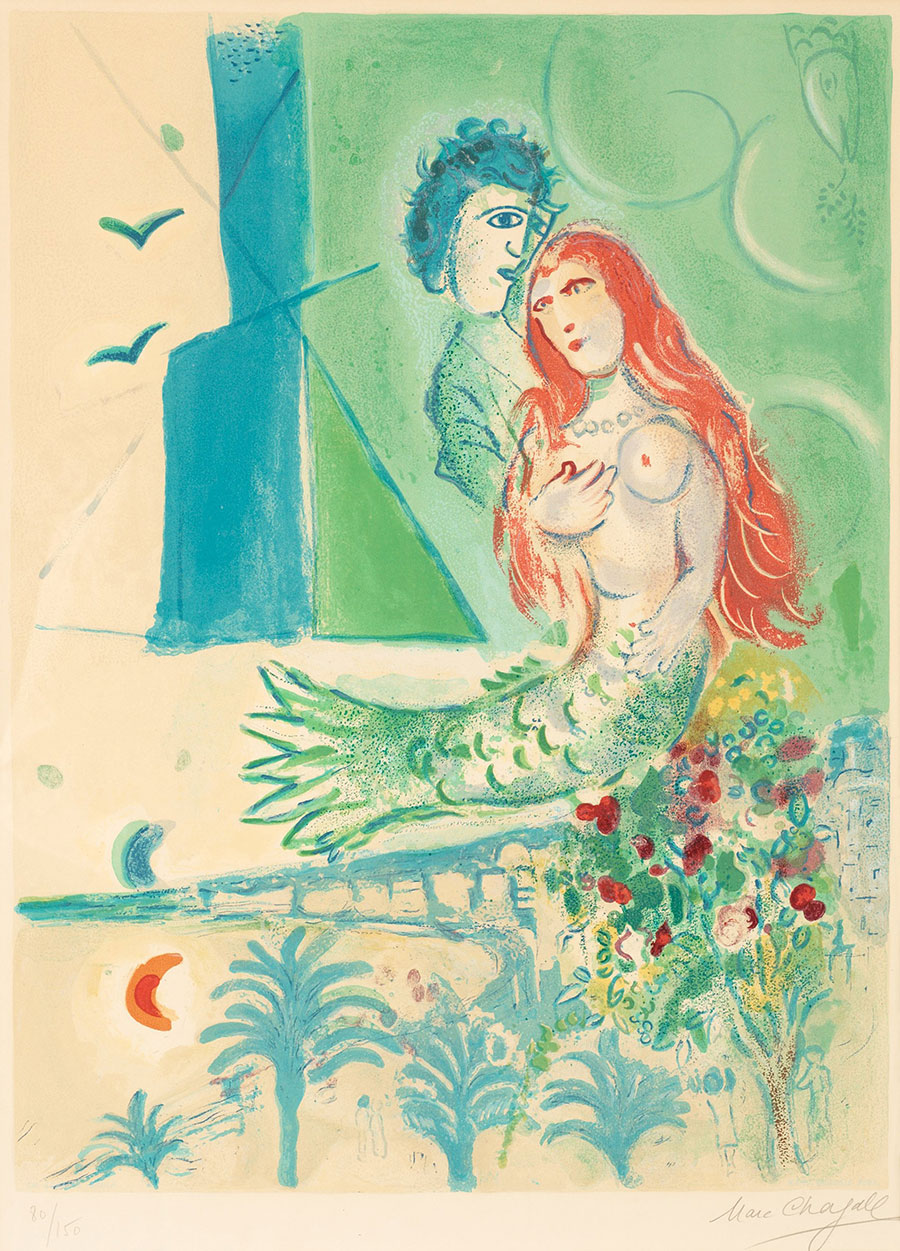 夏加尔油画作品:  男人和美人鱼  高清大图下载