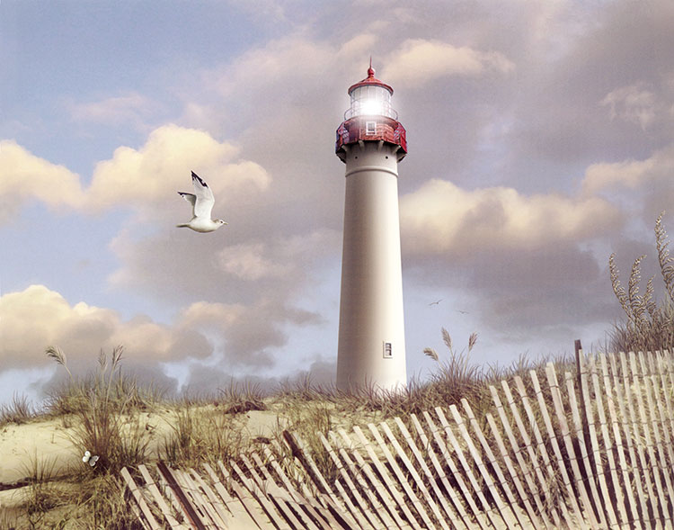 地中海风景油画素材下载:海边灯塔和海鸥