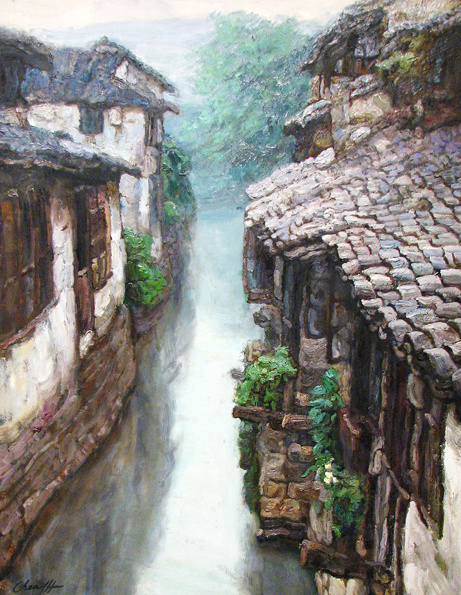 江南水乡风景油画  瓦房下的小溪 高清素材下载