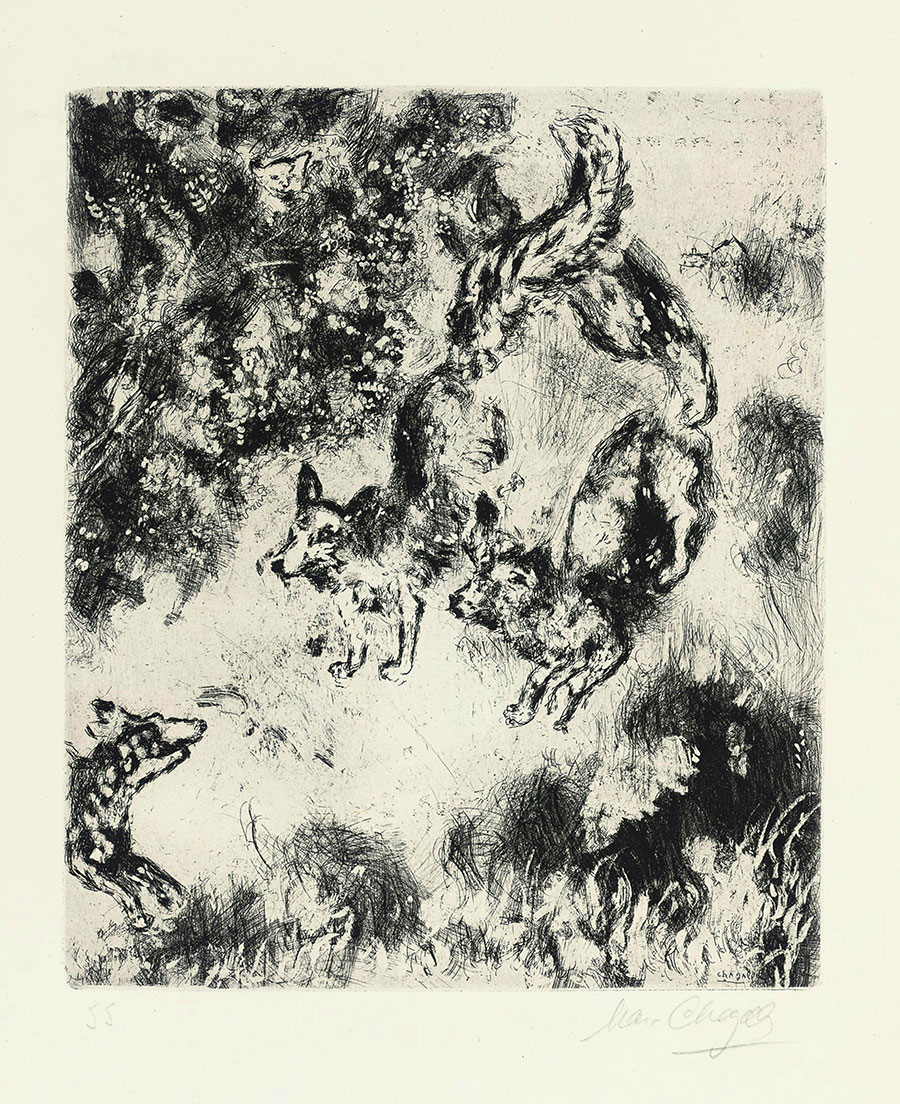 夏加尔素描画作品: 两只狼