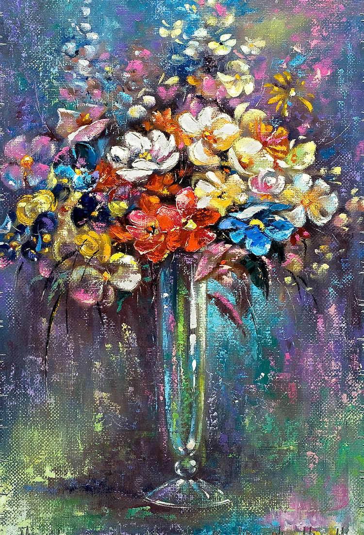 现代花卉肌理画: 瓶花装饰画 缤纷花瓶油画  A