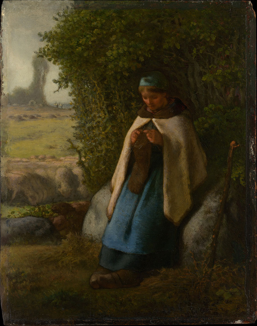 米勒油画作品: 坐在岩石上的牧羊女 牧羊人油画 Shepherdess Seated on a Rock