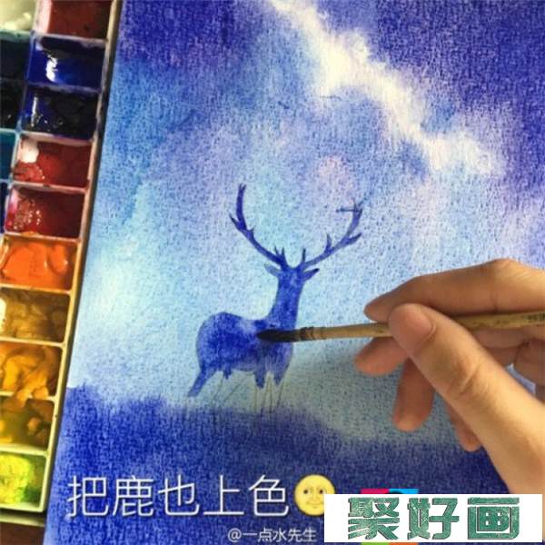 星空下的麋鹿手绘水彩画教程