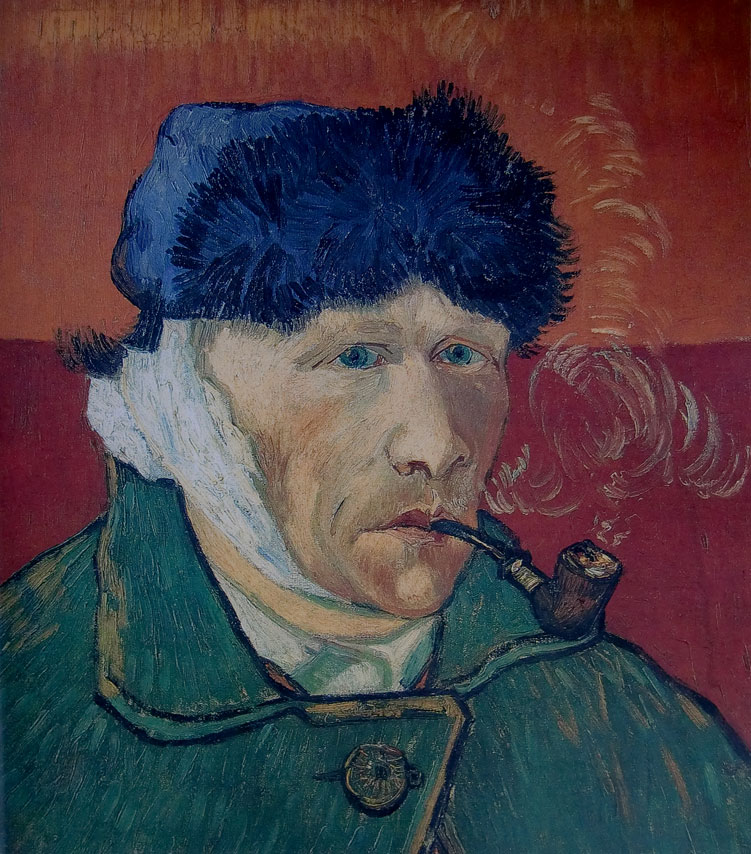 梵高作品：《耳朵上扎绑带叼烟斗的自画像》