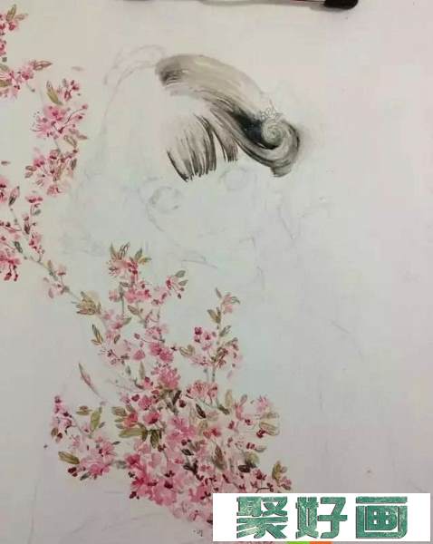 【水彩画】抱海棠花的女孩画法图解教程12