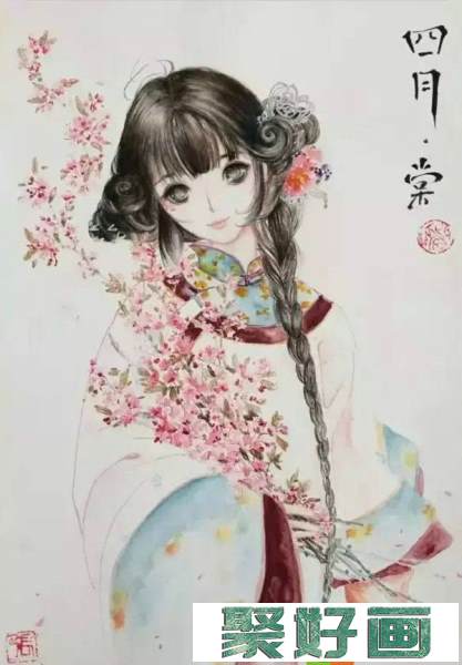 【水彩画】抱海棠花的女孩画法图解教程1