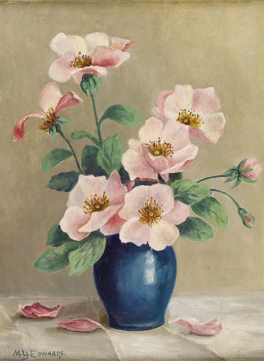 现代手绘丙烯画素材: 两联粉色的花和青花瓶静物画