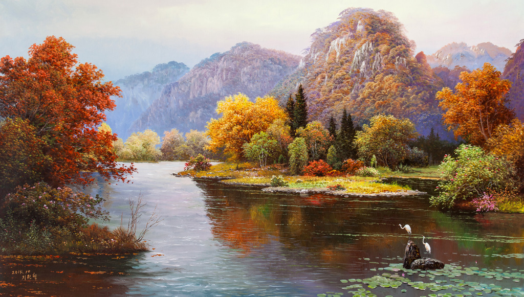 高清精品朝鲜风景油画，现代朝鲜油画 秋天风景
