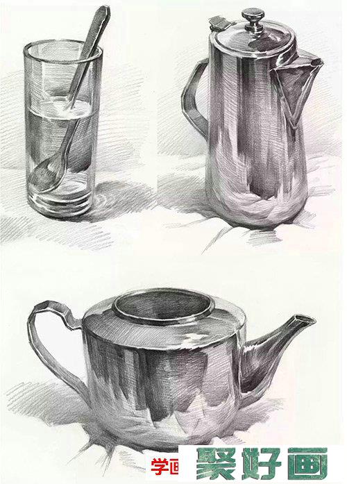 玻璃杯，金属壶、手套、菜椒单体素描静物素描自学临摹图素材