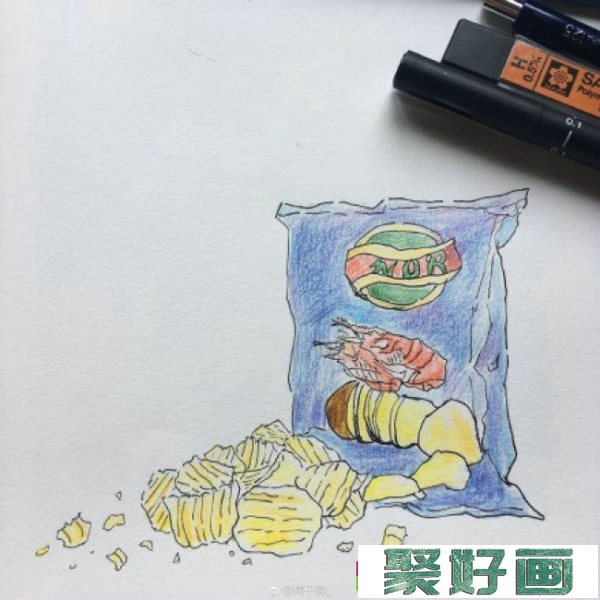 薯片彩铅画图片 简单的薯片简笔画彩铅画手绘教程 薯片怎么画 画法_www.youyix.com