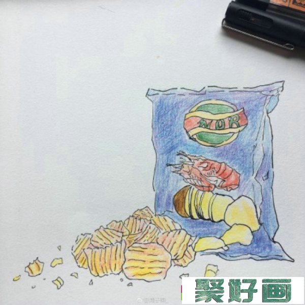 薯片彩铅画图片 简单的薯片简笔画彩铅画手绘教程 薯片怎么画 画法_www.youyix.com