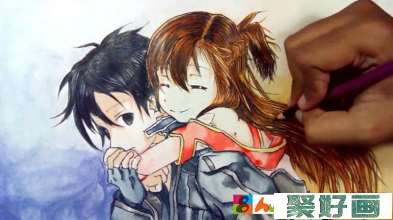 非常有爱的彩铅水彩结合动漫情侣手绘视频教程 情侣动漫的画法_www.youyix.com