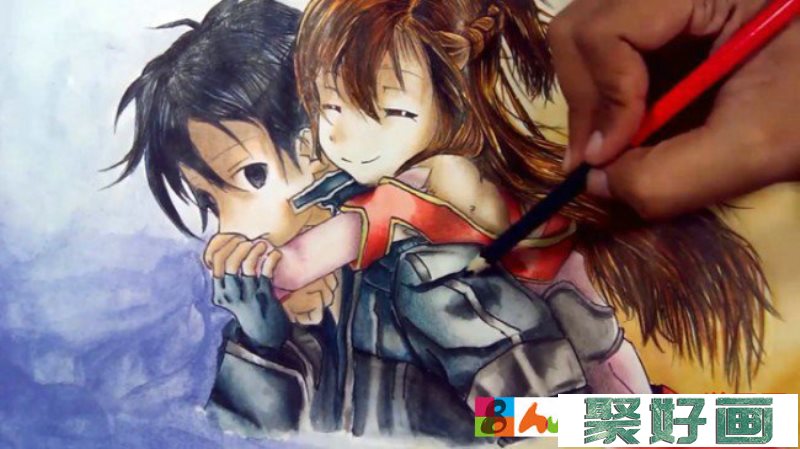 非常有爱的彩铅水彩结合动漫情侣手绘视频教程 情侣动漫的画法_www.youyix.com