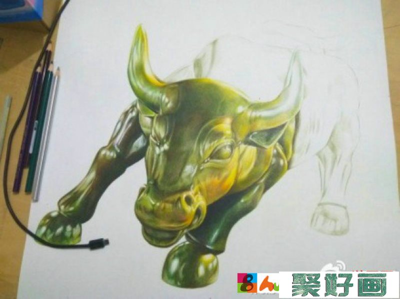 股市金牛铜牛彩铅画教程 手绘步骤图片 铜牛的彩铅画画法 怎么画_www.youyix.com