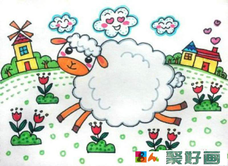 可爱小羊羔儿童画教程步骤图片彩色 可爱的羊咩咩儿童画画法 羊咩咩怎么画_www.youyix.com