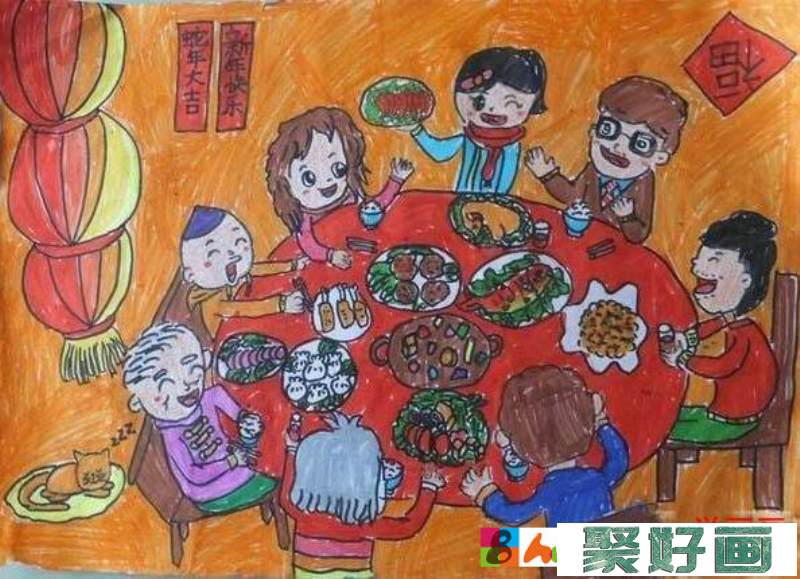 简单好看的春节一家人吃团圆饭儿童画/<a href=../zhonglei/shuicaihua/ target=_blank class=infotextkey>水彩画</a>图片