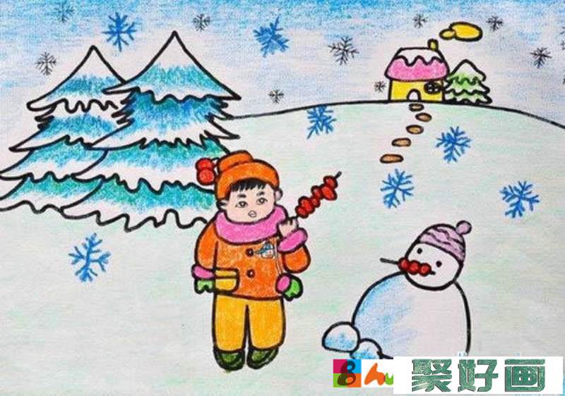 小学生儿童蜡笔画获奖作品欣赏_冬天雪人