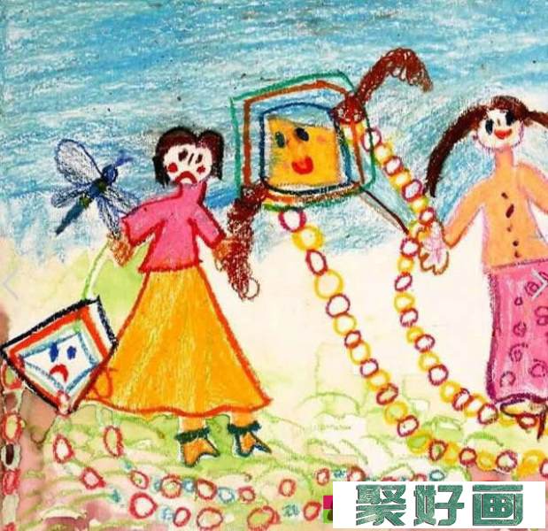 春天放风筝的小女孩儿童画/蜡笔画图片