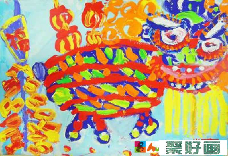 快乐的元宵节舞狮儿童画/<a href=../zhonglei/shuifenhua/ target=_blank class=infotextkey>水粉画</a>图片