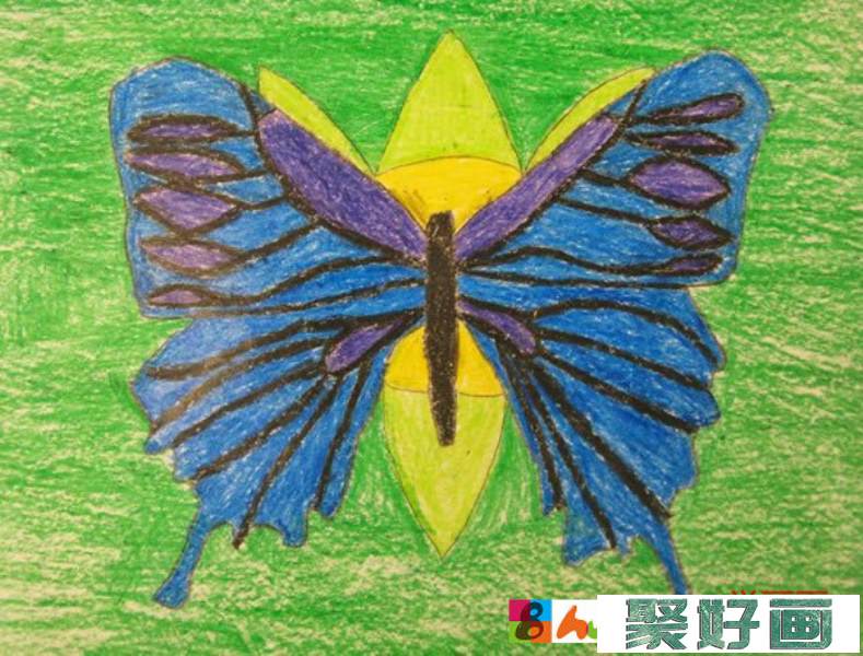 美丽的蓝色蝴蝶儿童画作品/蜡笔画图片