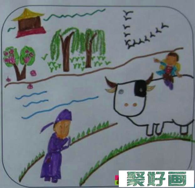 最简单而又好看的清明节儿童画小学作品 - 牧童遥指杏花村