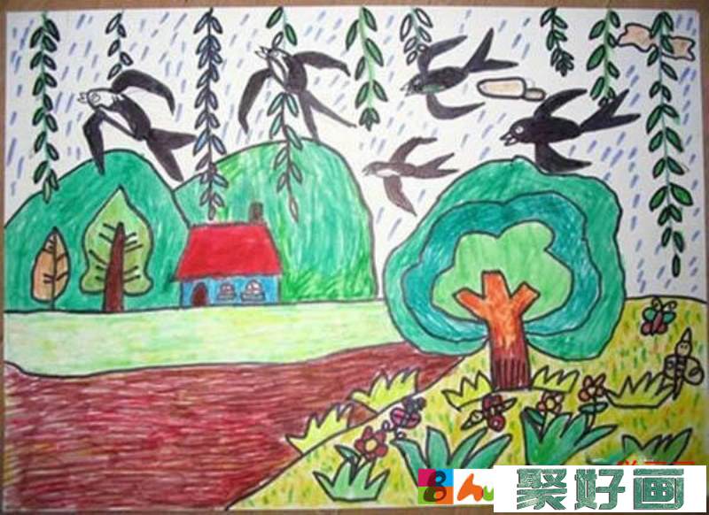 春天柳树燕子儿童画 画一幅春天的画