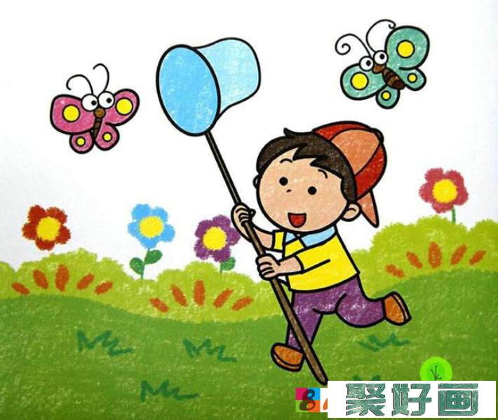 儿童<a href=../zhonglei/youhua/ target=_blank class=infotextkey>油画</a>棒画作品图片欣赏：春天捕蝴蝶的小男孩儿童画