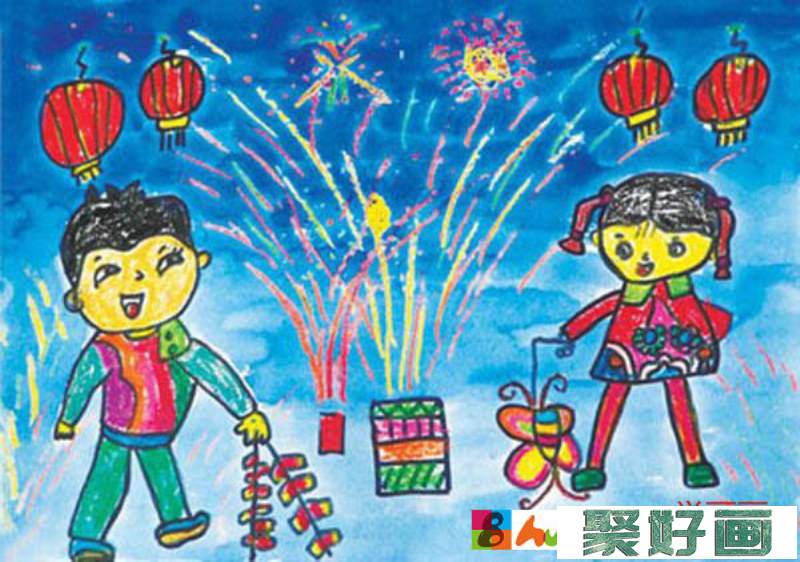 过年儿童放鞭炮儿童画_新年儿童画