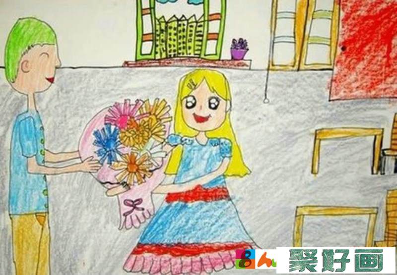感恩父亲节儿童画主题绘画作品 - 给爸爸献花/蜡笔画图片