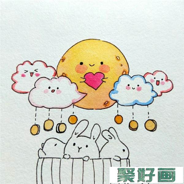 中秋儿童画：可爱的月亮和小兔子的组合儿童画教程