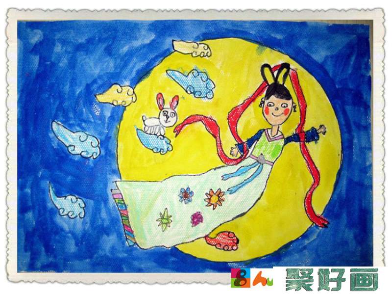 中秋节嫦娥奔月儿童画/蜡笔画图片