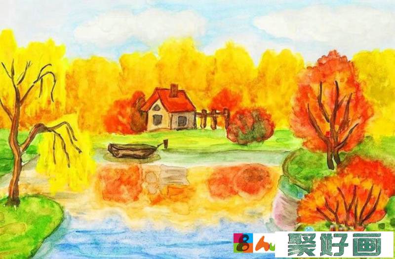 秋天的风景儿童画图片 小屋外的秋色好看的秋天画